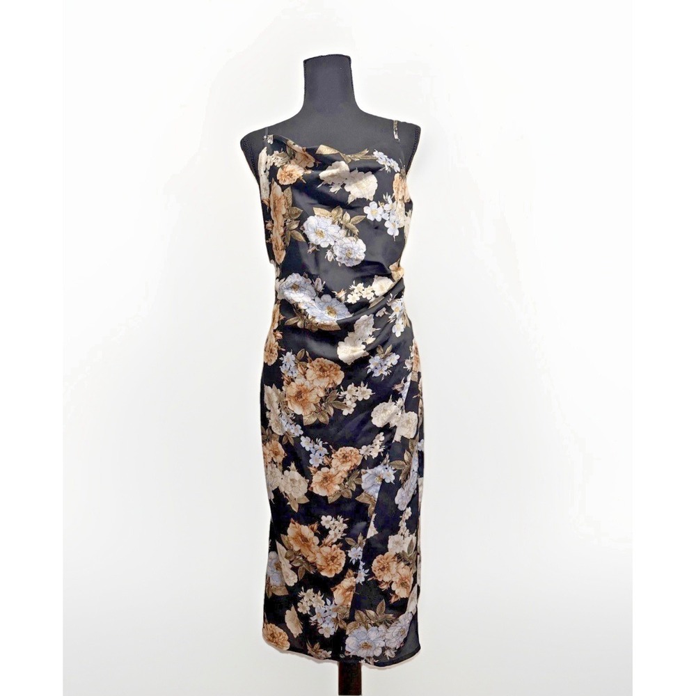 Romantic Fairycore‎ Black Floral Satin Cowl Neck Midi Slip Dress y2k Medium